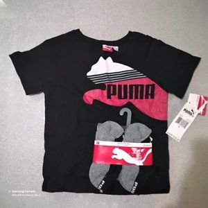 PUMA Boy Black & Red Short Sleeve T-Shirt Sz. 5 & 6 Pr. Low-Cut Socks 7-8.5 NWT